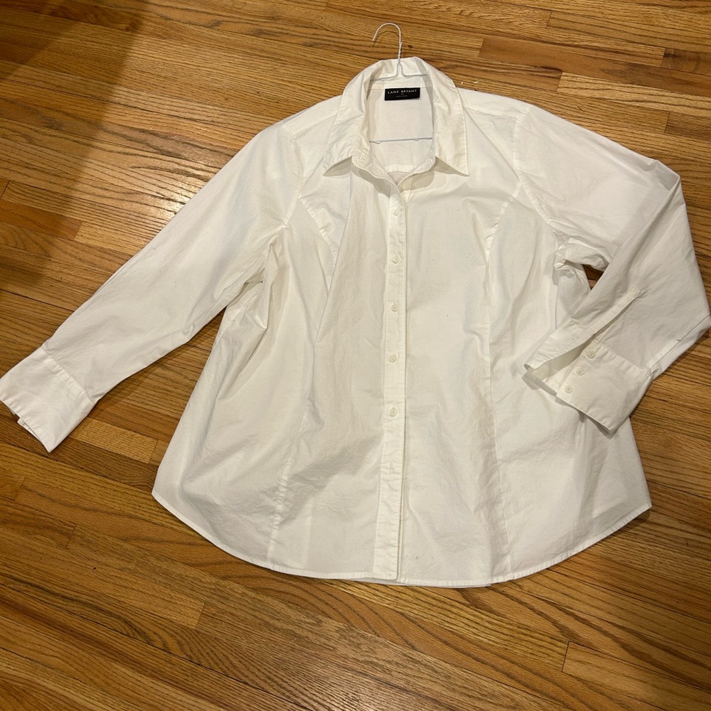 Lane Bryant crisp white cotton & spandex, button-down shirt